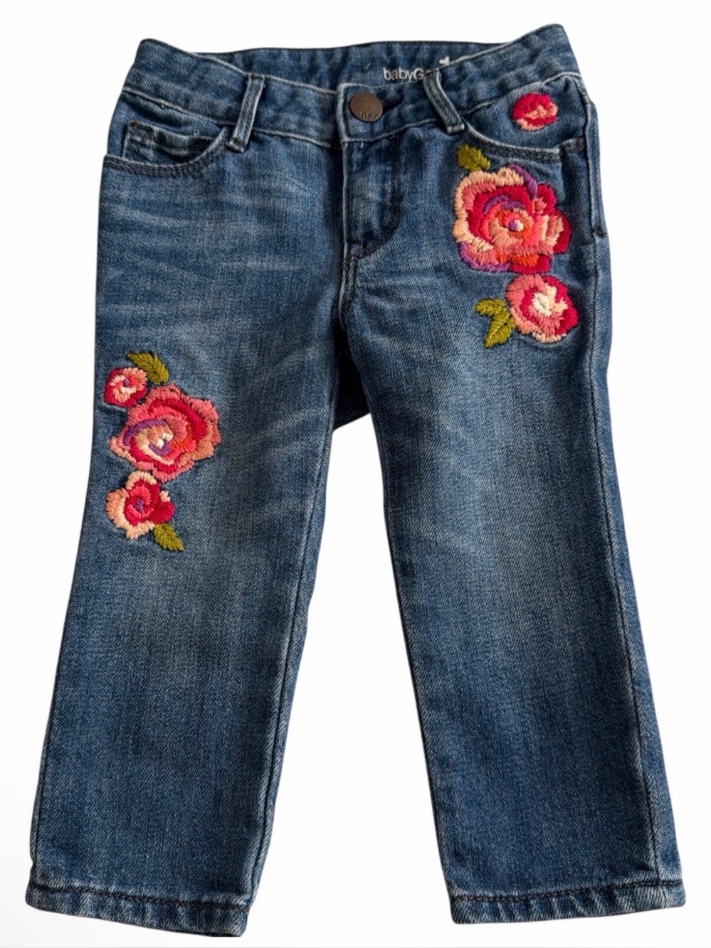 GAP Girls Blue Denim Jeans with Pink Floral Embroidery size 12-18 months